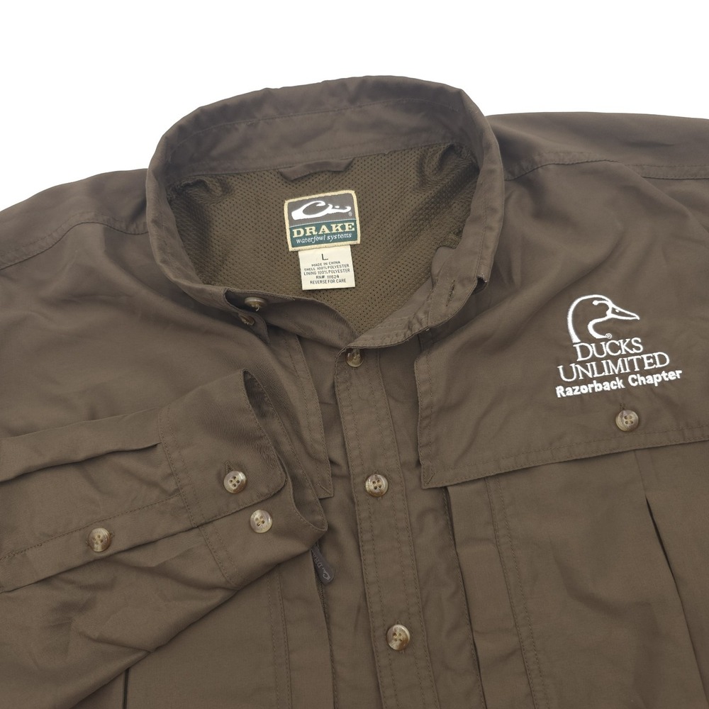 Drake Waterfowl Wingshooter Shirt Men‎ L Brown Vented Ducks Unlimited Razorback
